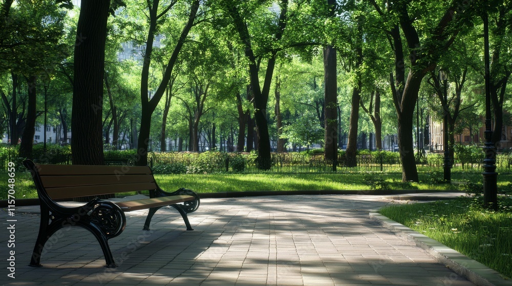 Serene park with lush greenery and tranquil bench. Serene park with lush greenery and tranquil bench.