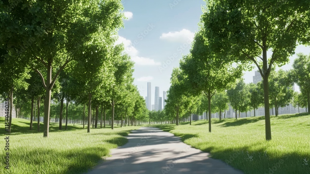 Serene path through vibrant green trees Serene path through vibrant green trees