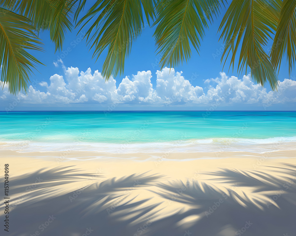 Obraz premium Idyllic tropical beach scene, vibrant turquoise water, white sand, palm tree shadows, sunny sky, perfect for travel and vacation imagery.
