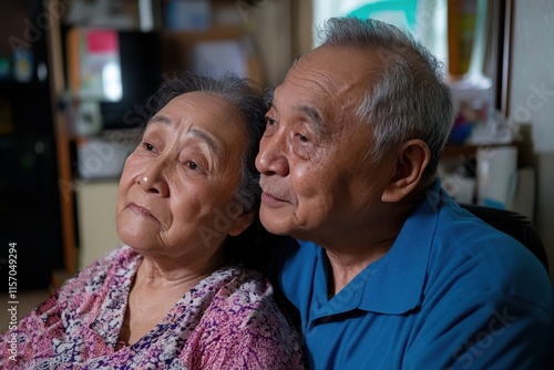 An intimate moment shared between an elderly couple, this image beautifully encapsulates deep remembrance and the emotional connection forged through years of companionship and love.