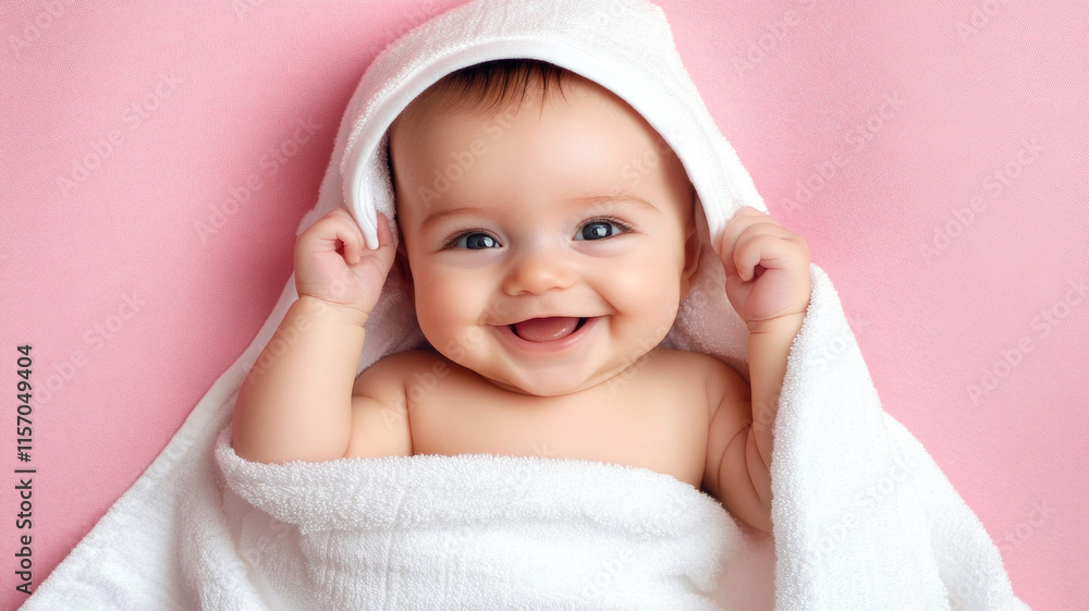 Newborn baby smiling and looking at camera wrapped in white towel lying on pink sheet Newborn baby smiling and looking at camera wrapped in white towel lying on pink sheet