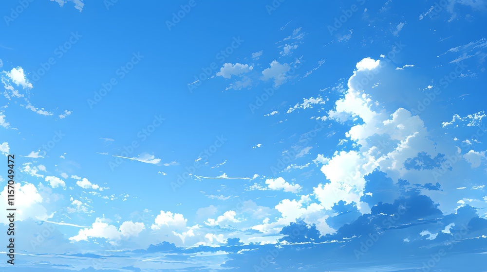Blue sky filled with white fluffy clouds, sunny day scene, soft anime-style background