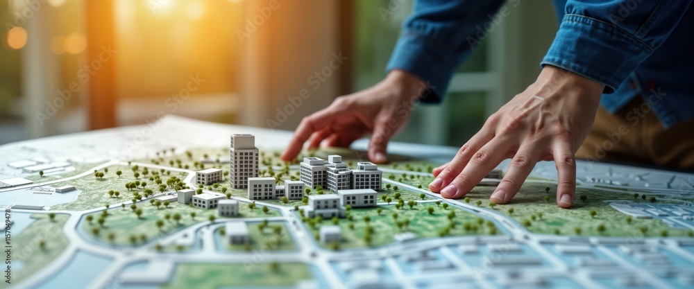 Fototapeta premium Architect examines city model on detailed map. Person analyses urban development plan. Planning, design of infrastructure project. Residential area, transportation elements. Creative conceptual