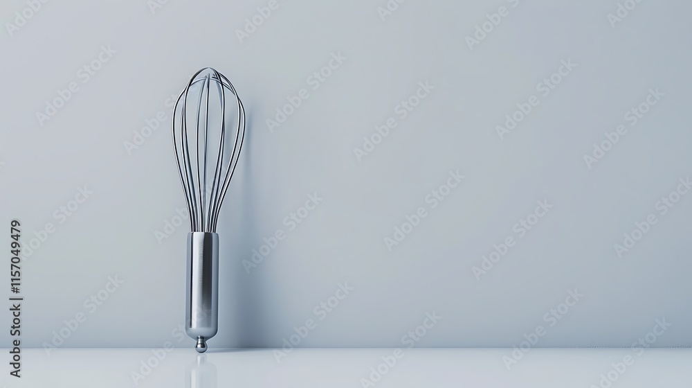 A stainless steel cooking whisk on a plain white surface A stainless steel cooking whisk on a plain white surface