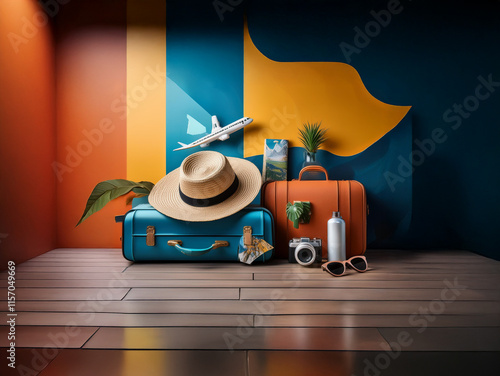 A vibrant travel scene: luggage, a hat, camera, and tropical plants sit before a stylized flag, hinting at exotic adventures and journeys ahead.  A small airplane adds to the travel theme. photo