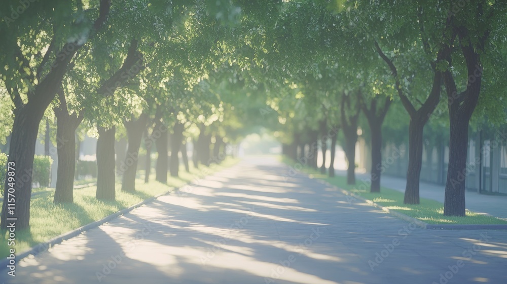 Fototapeta premium Serene tree-lined avenue in soft sunlight.