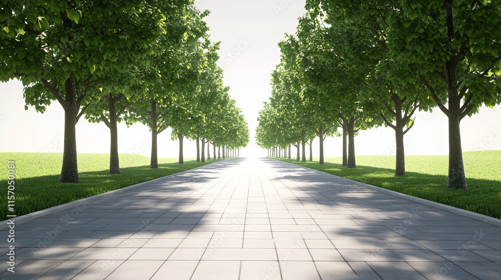 Fototapeta premium Serene tree-lined pathway under bright sunlight.