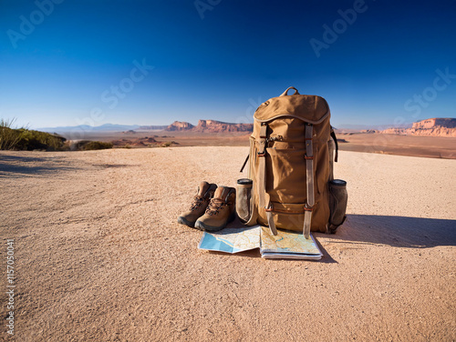 A tan backpack, hiking boots, and a map rest on desert sand under a vibrant blue sky.  Ready for adventure. photo