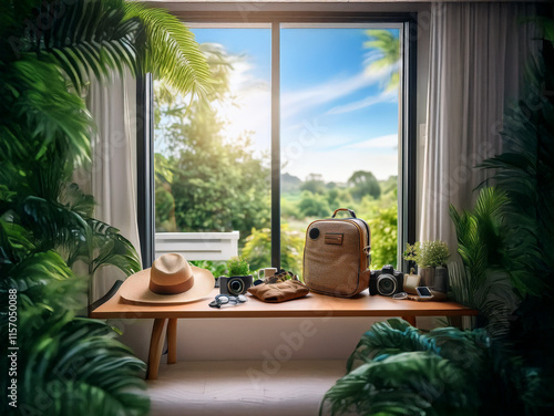 A sunlit window reveals a lush tropical landscape.  A wooden table holds a straw hat, cameras, gloves, and a travel backpack, ready for adventure.  Surrounding greenery enhances the travel theme. photo