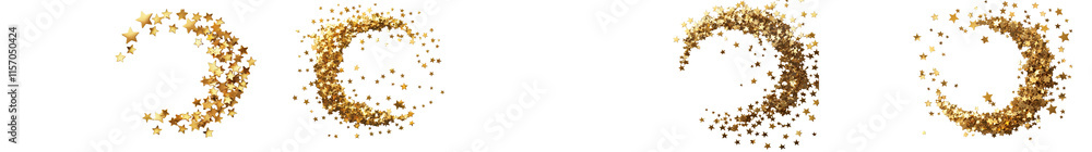 Sparkling golden stars forming a crescent moon shape on a white background  Glowing shimmering celestial elements creating a magical fantasy like atmosphere  Abstract digital with a festive