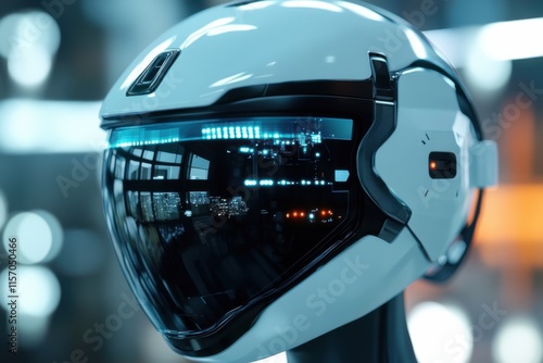 Modern design of a futuristic helmet showcasing advanced technology with a sleek finish and vibrant display reflections photo