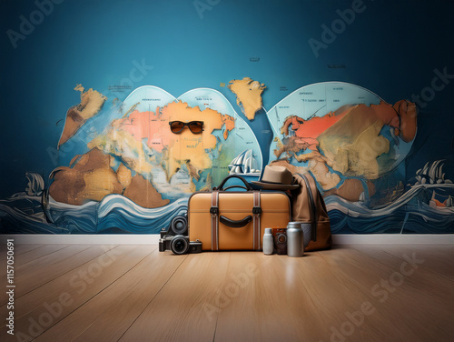 A tan suitcase and backpack sit on a wooden floor before a whimsical world map mural.  Sunglasses and travel accessories are arranged nearby, hinting at an exciting journey ahead. photo