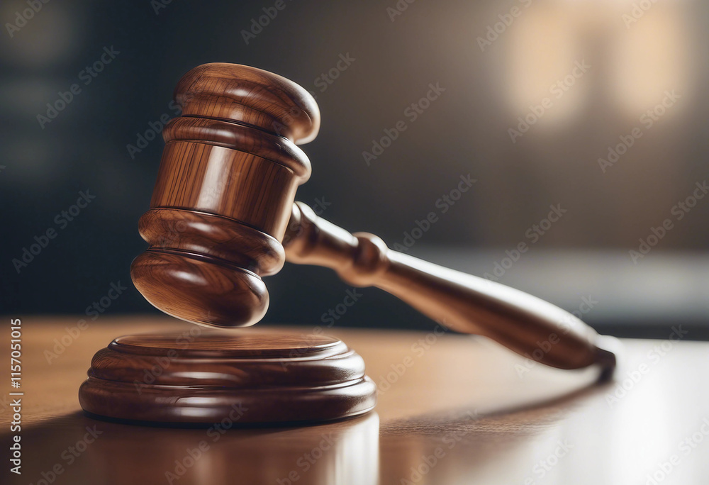 Vertical close-up of a wooden judge gavel on a reflective surface side view symbolizing judicial aut Vertical close-up of a wooden judge gavel on a reflective surface side view symbolizing judicial aut