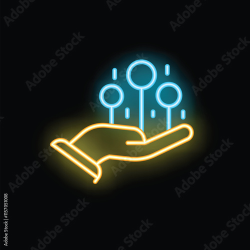 Neon icon of a hand holding a growing business graph on a black background