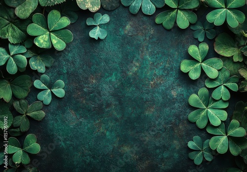 Lush Greenery of Clover Leaves Framing a Textured Dark Background for Natural Themes and Seasonal Displays in Stock Photography