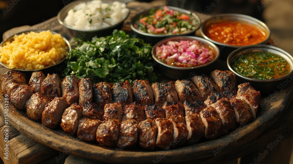Grilled meat platter with various side dishes including rice, salad, and sauces. Grilled meat platter with various side dishes including rice, salad, and sauces.
