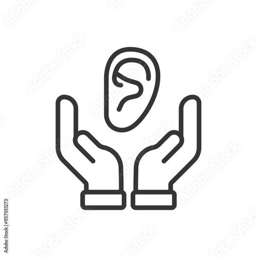 Ear care, icon in line design. Hearing health, ears hygiene, ear protection, auditory health, cleaning, ear safety on white background vector. Ear care editable stroke icon