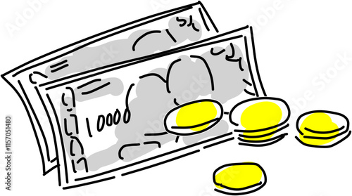 紙幣と硬貨のお金ラフな手描き線画