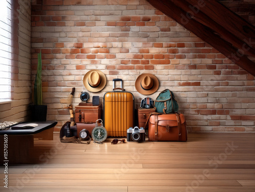 A rustic brick wall sets the backdrop for a collection of vintage travel luggage and accessories, ready for an exciting adventure.  A sense of wanderlust fills the room. photo