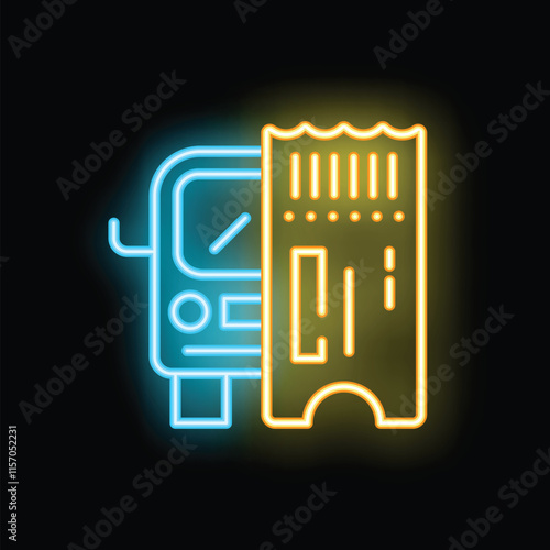 Glowing neon line icon representing a bus ticket, perfect for representing transportation services