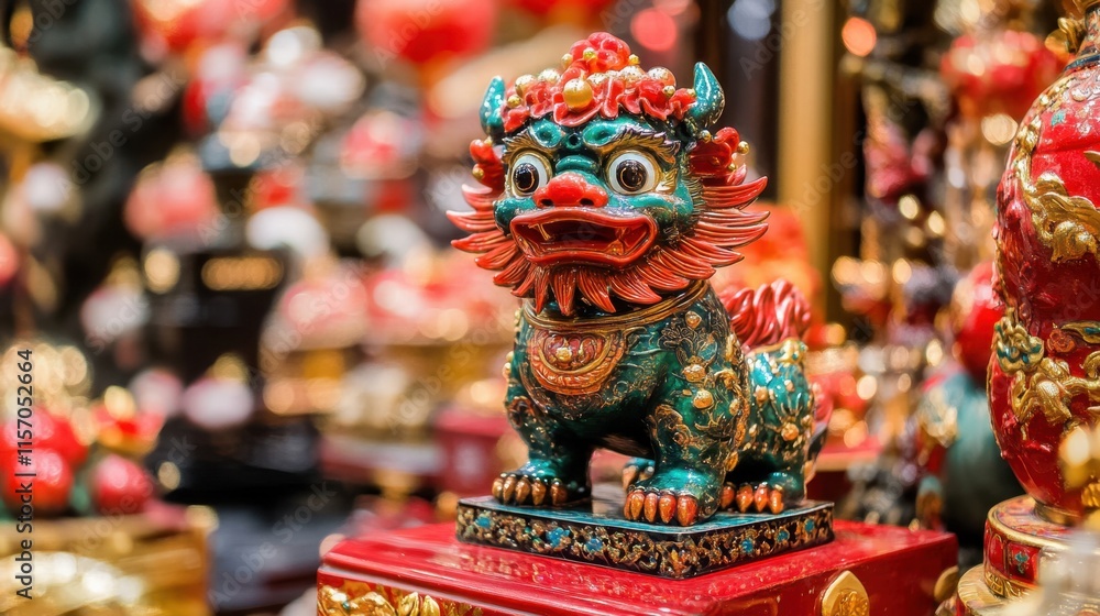 Obraz premium Colorful decorative lion statue in a vibrant cultural display