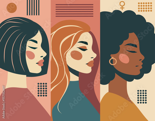 Women's day, feminism day, equality day. Portraits of beautiful women of different skin colors and hairstyles. Vector banner for women's holidays and projects