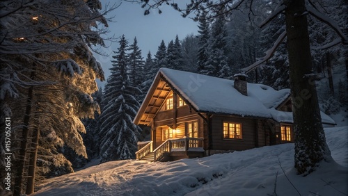 Snowy Cabin in the Woods at Night - Low Light Winter Landscape Photography