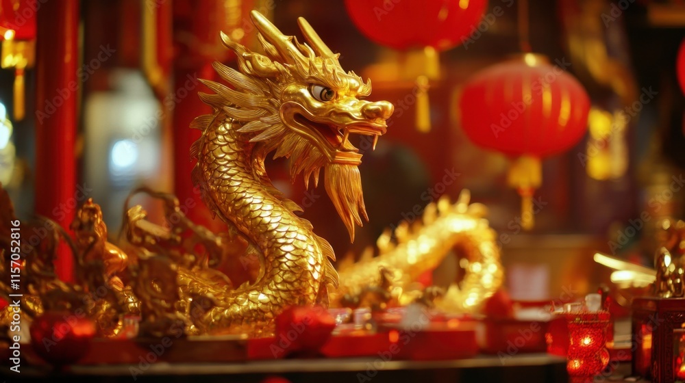 Fototapeta premium Golden Dragon Statue Surrounded by Red Lanterns in Chinese Decor
