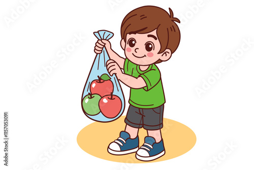 The boy puts some fruit in a plastic bag. Vector illustration in cartoon style.