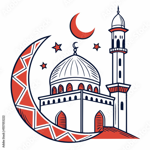 Simple Line Art Illustration of a Mosque Under a Crescent Moon