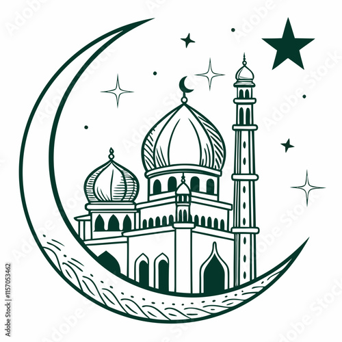 Simple Line Art Illustration of a Mosque Under a Crescent Moon