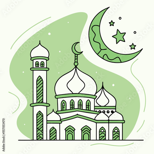 Simple Line Art Illustration of a Mosque Under a Crescent Moon