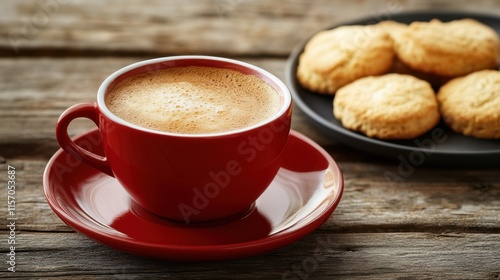 Hot Coffee in Red Cup with Cookies on Rustic Wooden Table