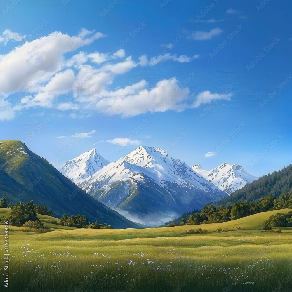 A mountain view with snow-capped peaks and green summer valleys A mountain view with snow-capped peaks and green summer valleys