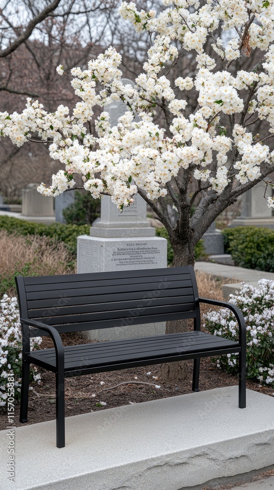 A peaceful spot featuring an empty bench in a cemetery, with tombstones, flowers, and greenery creating a somber atmosphere A peaceful spot featuring an empty bench in a cemetery, with tombstones, flowers, and greenery creating a somber atmosphere