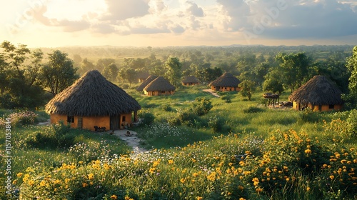 Stunning Rural African Village Surrounded by Lush Greenery and Wildflowers Photo