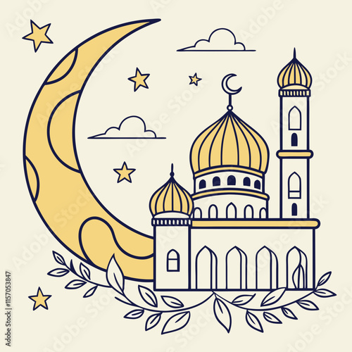 Simple Line Art Illustration of a Mosque Under a Crescent Moon