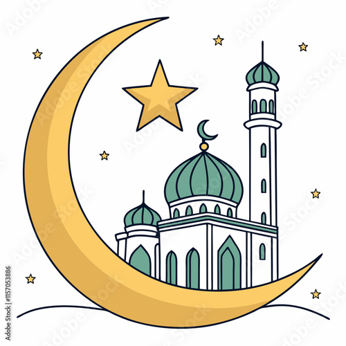 Simple Line Art Illustration of a Mosque Under a Crescent Moon