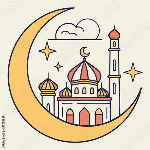 Simple Line Art Illustration of a Mosque Under a Crescent Moon