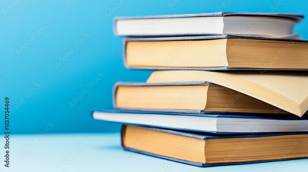 Stack of colorful books on a blue background. Stack of colorful books on a blue background.