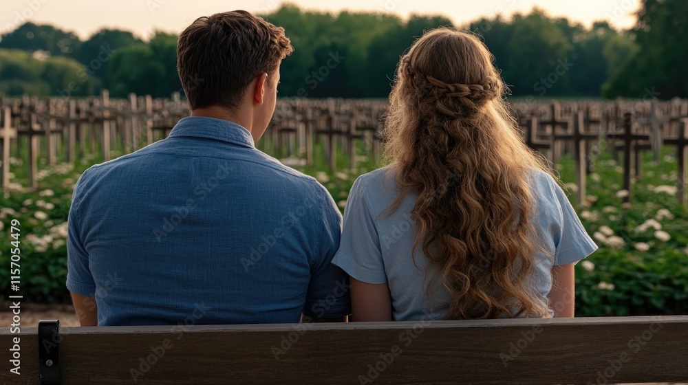 A young couple sits closely together on a bench, contemplating life among rows of wooden crosses in a serene Dutch war cemetery A young couple sits closely together on a bench, contemplating life among rows of wooden crosses in a serene Dutch war cemetery
