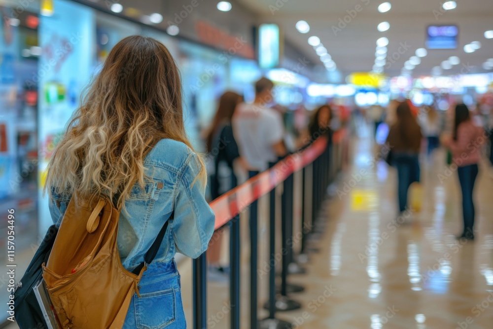 People waiting in line inside a busy shopping mall during the afternoon while a young woman checks her phone People waiting in line inside a busy shopping mall during the afternoon while a young woman checks her phone