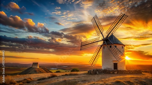 Spanish Windmill Dusk Electricity Generation - Aragon Renewable Energy