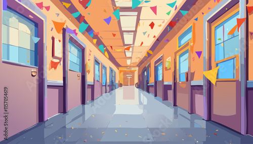 Illustration of a narrow street decorated with flags and garlands