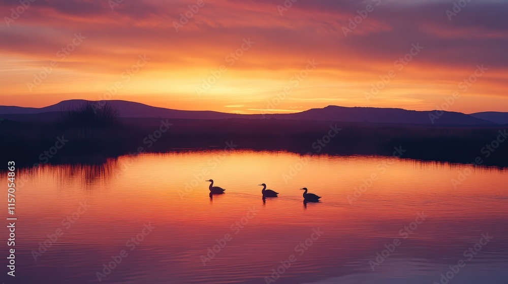 Fototapeta premium Ducks Swimming at Sunset Over a Calm Lake with Mountains in the Background