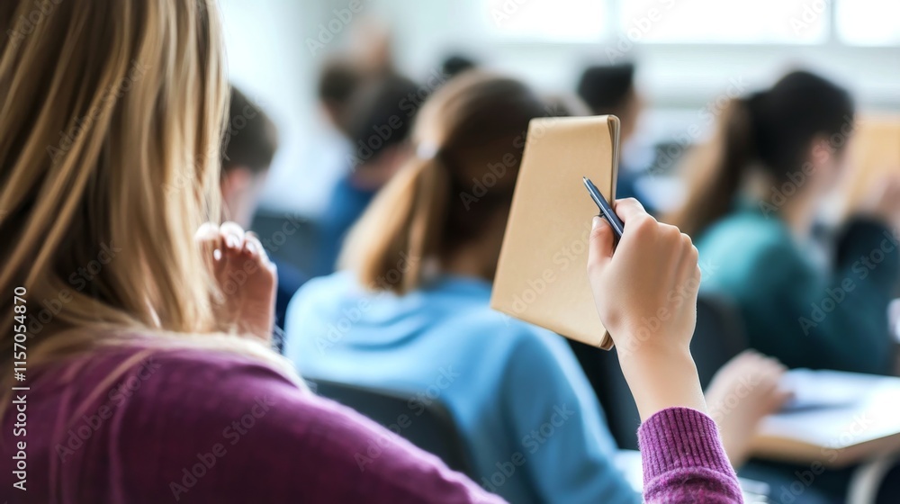 Student taking notes in a classroom setting. Student taking notes in a classroom setting.