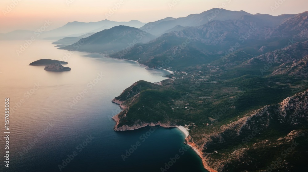Obraz premium Stunning coastal view at sunrise over mountains.
