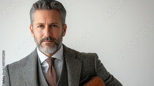 Businessman dressed in a tailored suit holding a briefcase in a neutral setting