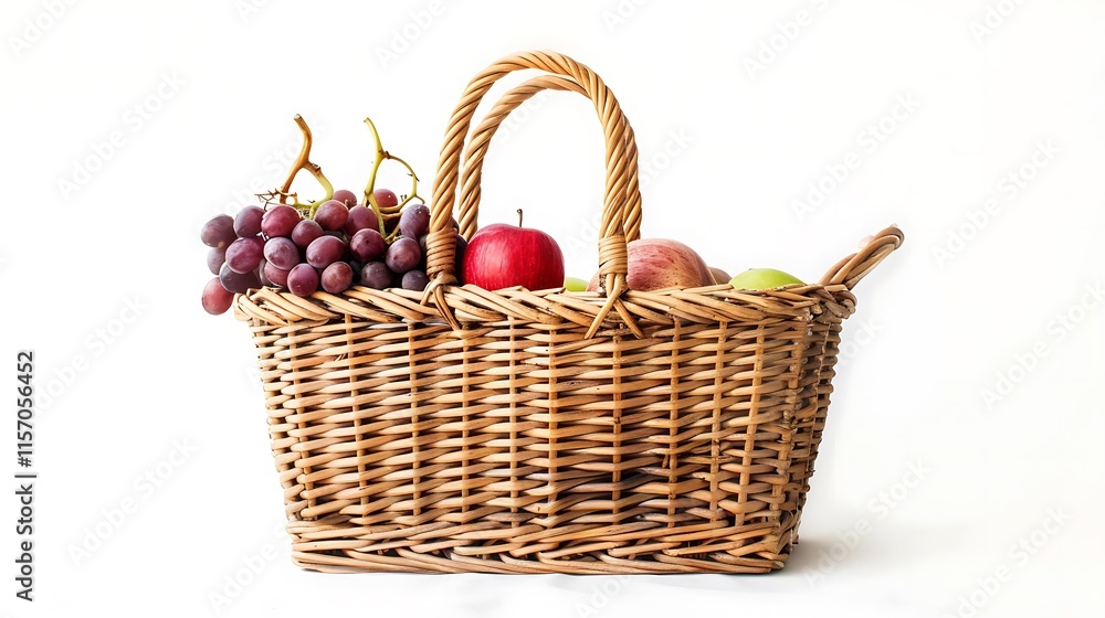 A woven picnic basket placed on a white background A woven picnic basket placed on a white background