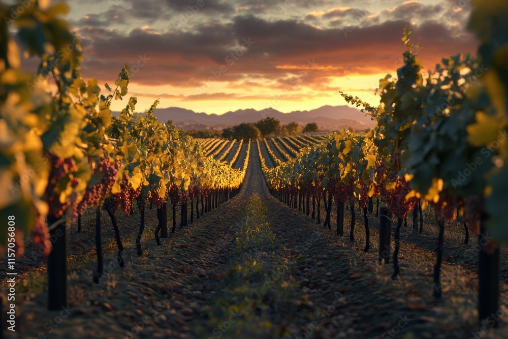Fototapeta premium Golden sunset over vineyards with ripe grapes in a serene landscape